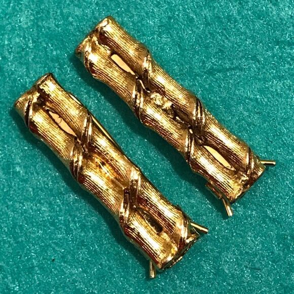 Vintage Gold Tone Bamboo Design Pinch Wire Hair Barrettes (2) - Picture 1 of 11
